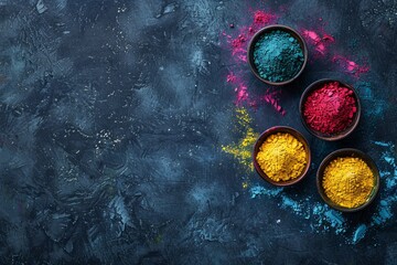Vibrant Assortment of Holi Festival Colors in Wooden Bowls on a Dark Background
