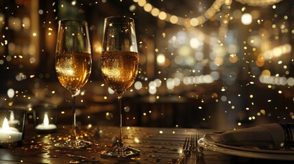 Two champagne glasses on a festive table with sparkling golden bubbles, bokeh lights, and confetti.