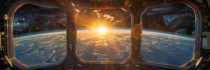 A window in a space station transformed into a holographic view of Earth, allowing astronauts to watch the sunrise over their home planet in realtime, despite being millions of miles away - obrazy, fototapety, plakaty
