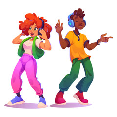 Persons listen to music in headphones and dance. Male and female young cartoon characters with earphones on head. Vector illustration set of man and woman relax and enjoy song moving to disco sound. - obrazy, fototapety, plakaty