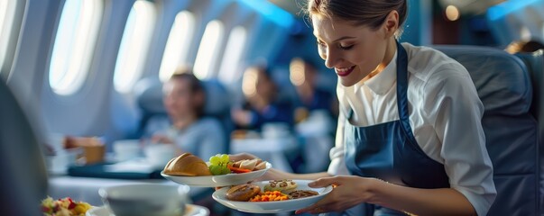 Charming flight attendant offering a meal service with a smile in an airplane cabin filled with passengers. banner