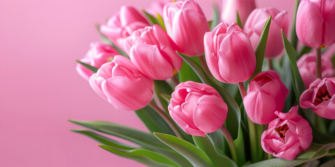 Bouquet of most beautiful pink tulips with bow on a pink background
