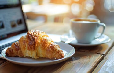 Morning Work Routine With Laptop, Fresh Croissant, and Coffee at a Sunny Café Table
