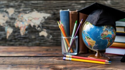 Education global business study abroad concept with globe, book, and cap graduation on wooden table