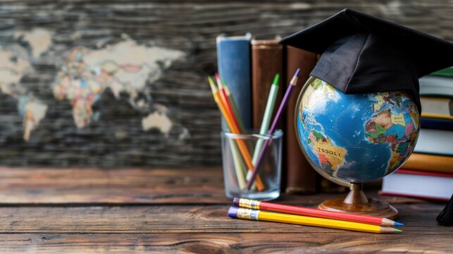 Education global business study abroad concept with globe, book, and cap graduation on wooden table