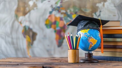 Education global business study abroad concept with globe, book, and cap graduation on wooden table