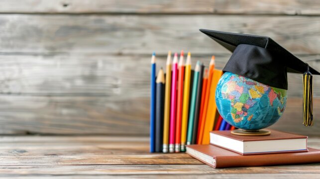 Education global business study abroad concept with globe, book, and cap graduation on wooden table