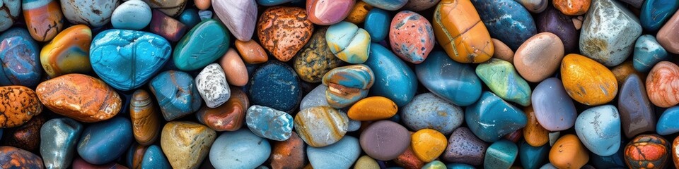 A vivid array of smoothly polished beach pebbles in various colors creates a harmonious texture perfect for backgrounds or designs. - obrazy, fototapety, plakaty