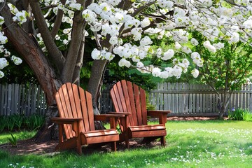 Retreat With Wooden  Chairs Under Blossoming Tree - 793600796