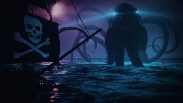 The Kraken Attacks a Pirates Galleon in the Ocean - Loop Fantasy Seascape Background V2