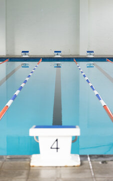 Swimming lanes await competitors at an indoor pool, copy space