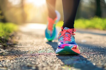 Morning Jog in the Park With Colorful Running Shoes and Sun Flares - 793600927