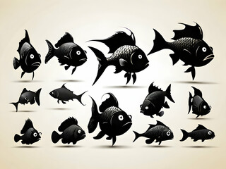 set of silhouettes of fishes ,Ai generated 
