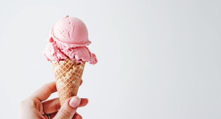 A Hand Holding a Melting Strawberry Ice Cream Cone Against a White Background