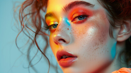 Fototapeta premium A young female showcasing vibrant and bright makeup against a white seamless background