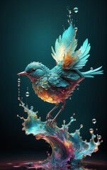 A bird, amazingly fluid, detailed, 3d fractals, light particles, water drops, shimmering light, dreamy, surreal