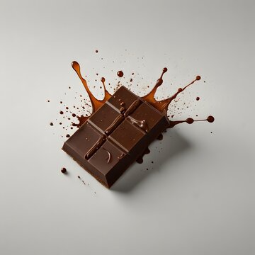 A piece of dark chocolate bar with a splash on a white background.