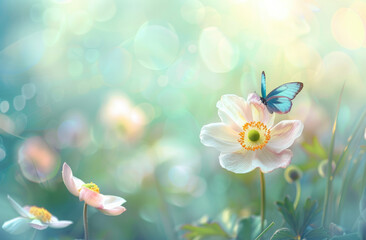 Beautiful flower with butterfly on pastel background, spring nature, green meadow. Soft focus, concept of empty space