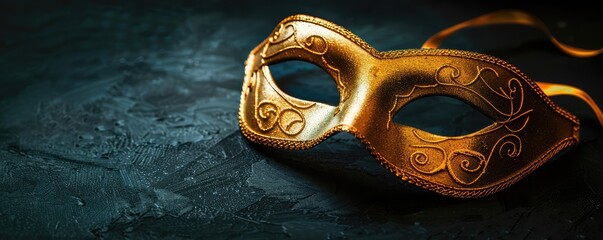 Elegant golden face mask on rich background. copy space for text.