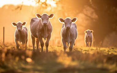 calves feeding in field at sunrise - obrazy, fototapety, plakaty