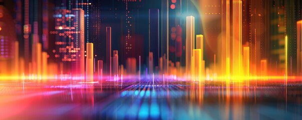 Fototapeta premium bustling cityscape at night, defined by vibrant lights and digital color effects.
