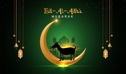 Traditional bakrid festival golden shiny card dersign with mosque, lights, moon, goat, and gradient background