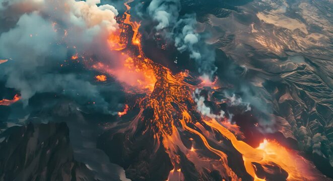A satellite's-eye view of a volcanic eruption, with data visualized as a fiery plume,