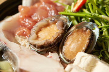 Seafood soup ingredients, raw vegetables