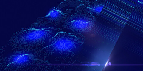Abstract topographic map background with blurred lines on blue. Technology landscape contour data in virtual space. Banner for business, science and technology data analytics. Big Data.