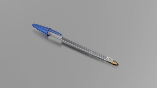 3D animation of a blue BIC pen on a white background