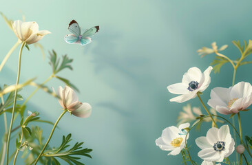 Beautiful flower with butterfly on pastel background, spring nature, green meadow. Soft focus, concept of empty space