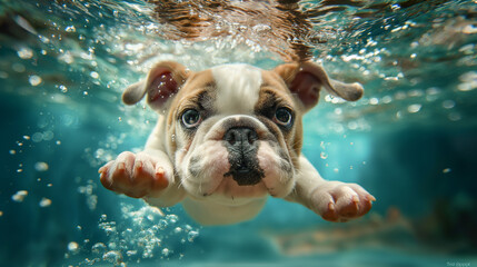 dog under water, a dog is swimming in a pool. Summer heat concept