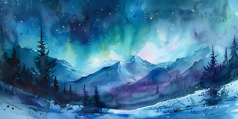 Painting of a night sky with a snowy lake and trees in the background,