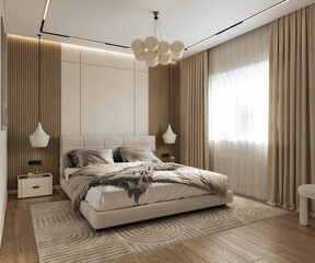 Interior of bedroom with 3d panels, wood funiture, pendant light and wooden floor, 3d rendering
