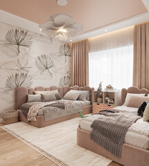 Interior of childroom in soft pastel colors with two beds, 3d render
