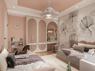 Interior of childroom in soft pastel colors with two beds, 3d render
