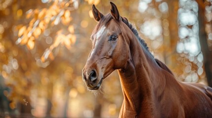 A serene horse stands in an autumnal forest bathed in golden sunlight, creating a peaceful atmosphere. - obrazy, fototapety, plakaty