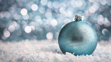 A sparkling blue Christmas ornament rests on fluffy snow with a glittering bokeh background, symbolizing holiday celebrations.