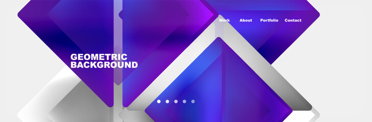 A geometric pattern featuring purple and electric blue triangles in a symmetrical layout on a white background. The font is in magenta and violet