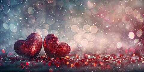Two glittering red hearts on a bokeh background symbolize romantic celebration and love.