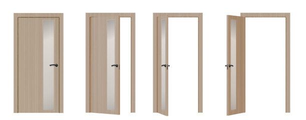 Front entrance door opening steps. Realistic 3d vector illustration set of close, ajar and open wooden gate with metal handle. Brown wood and glass home room or office interior doorway frame sequence.