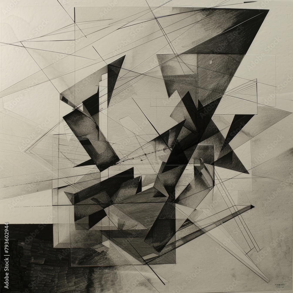 Poster A black and white abstract painting with a lot of shapes and lines