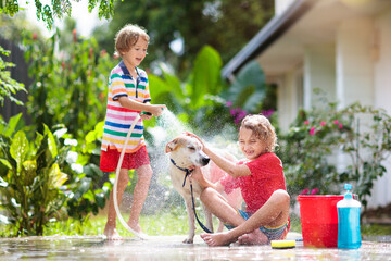 Kids wash dog in summer garden. Water hose fun. - 793602908