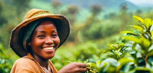 Foto op Canvas An African girl picks tea on a plantation. Generative AI © Yan Gordiza