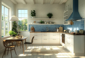 Kitchen, white, tile backsplash blue, Scandinavian, bright interior - obrazy, fototapety, plakaty