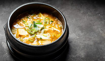 Soybean paste stew in an earthenware bowl, Korean food