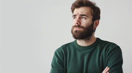 A male engineer with a beard, in a green sweater, looking pensive and focused, against a white background, styled as an intellectual corporate portrait.