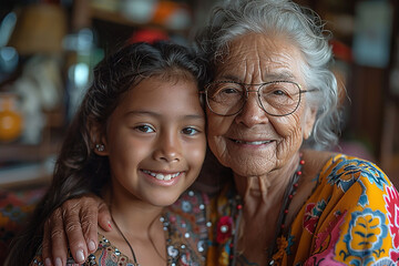 Grandmother, mom and child hug in a portrait for mothers day on a house sofa as a happy family in Colombia. Smile, mama and elderly woman love hugging young girl or kid and enjoying quality time