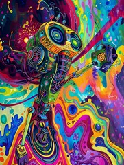 Vibrant colors swirling around the robot as it plays music
