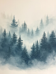 illustration of a foggy forest with fir trees and mountains